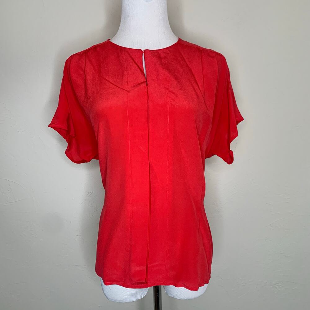 Vintage Silk Red Blouse Sz 14 Medium Slit Neck Fitted